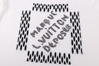 Louis Vuitton white T-shirt front graphic with black text and dotted details