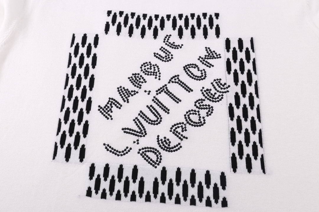 Louis Vuitton white T-shirt front graphic with black text and dotted details