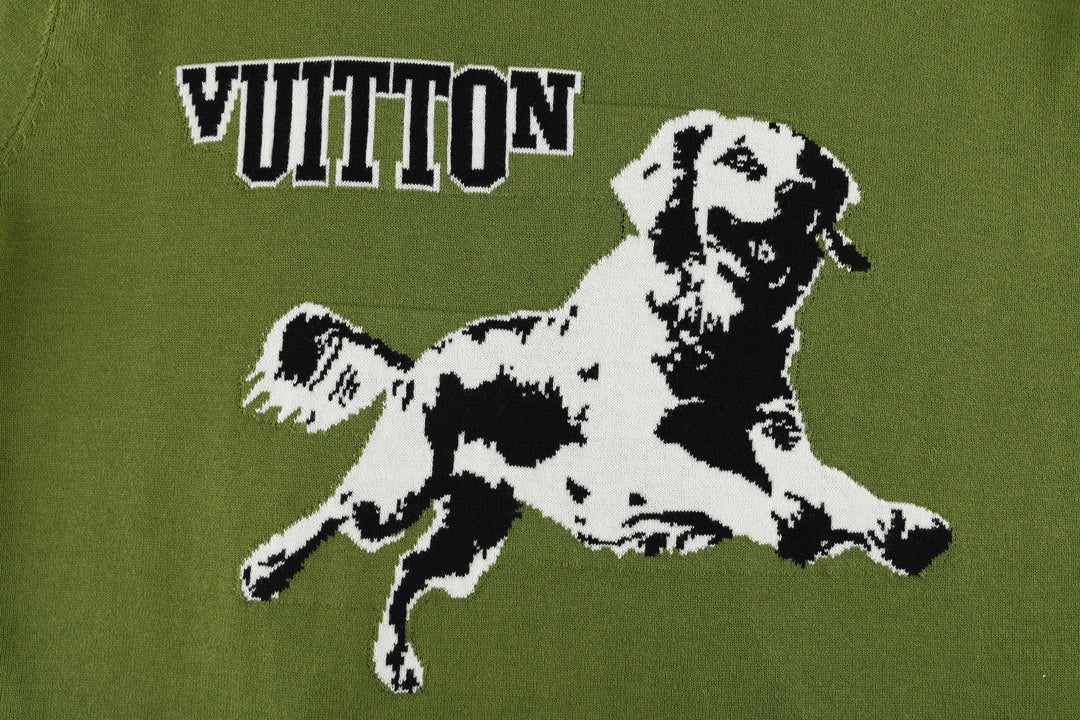 Green T-shirt close-up with black-and-white dog graphic and VUITTON text