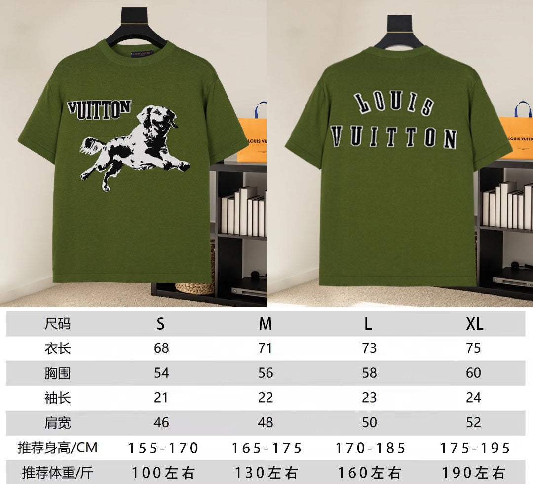 Green T-shirt shown front and back on display
