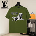 Green T-shirt with black-and-white dog graphic and VUITTON logo on the front