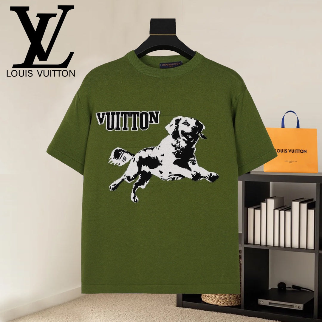 Green T-shirt with black-and-white dog graphic and VUITTON logo on the front