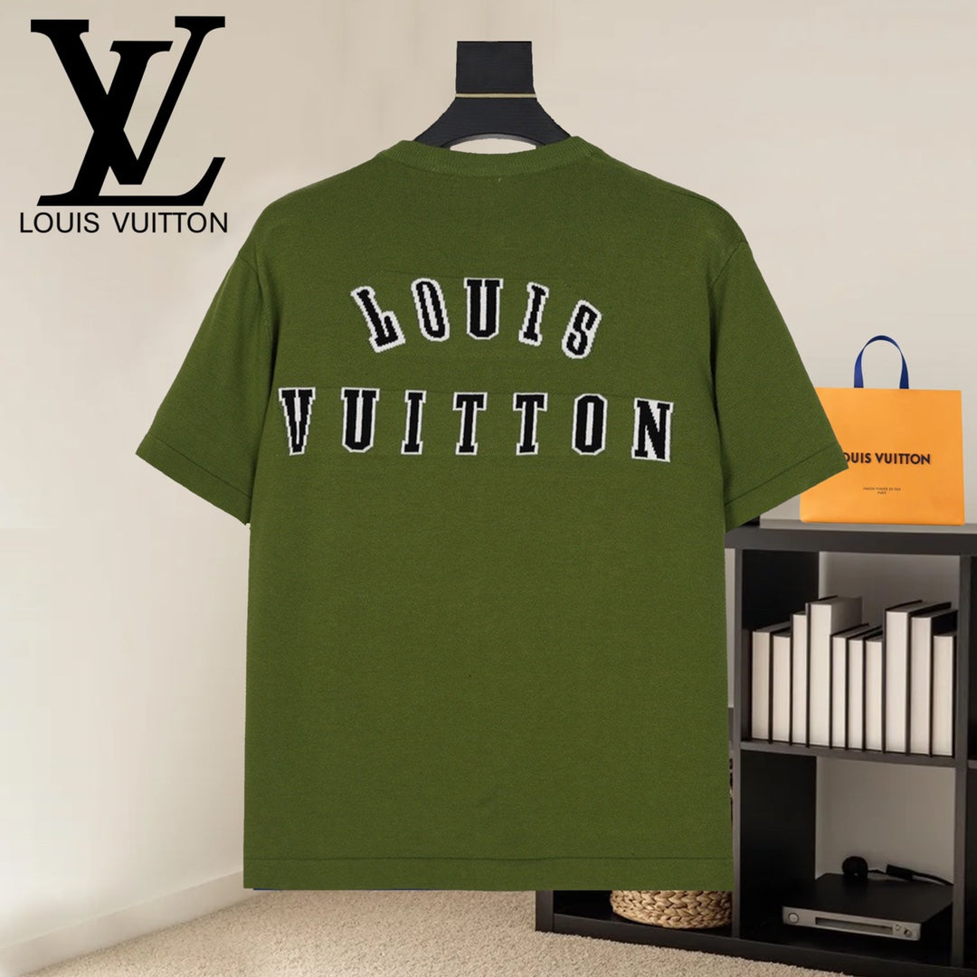 Green T-shirt with LOUIS VUITTON text print on the back