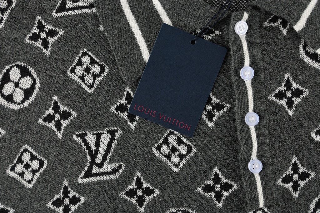 Louis Vuitton short-sleeve polo shirt button placket close-up with monogram pattern