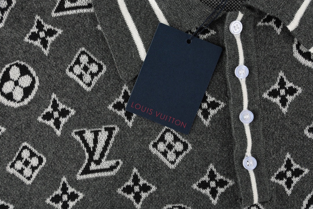Louis Vuitton short-sleeve polo shirt button placket close-up with monogram pattern
