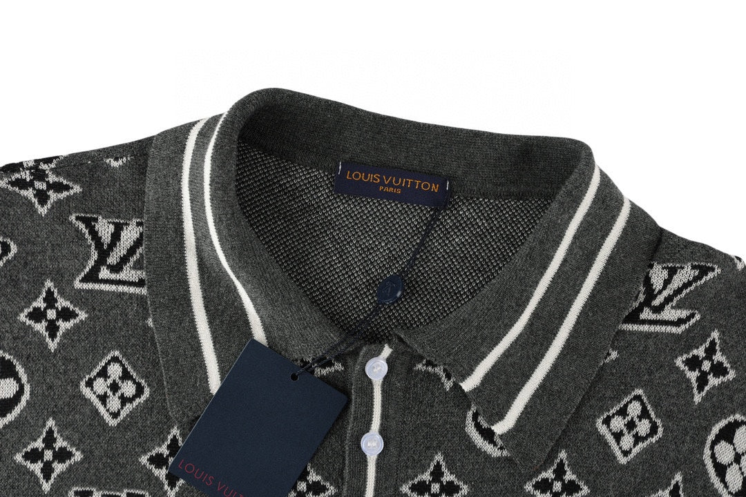 Louis Vuitton short-sleeve polo shirt collar detail with black button placket and tag