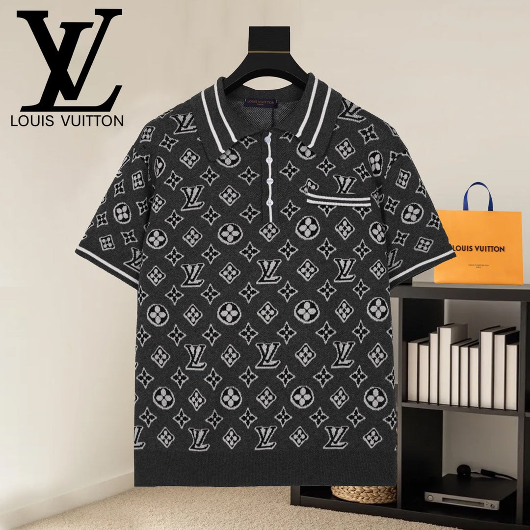 Louis Vuitton short-sleeve polo shirt, black-and-white monogram pattern, front view