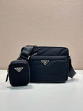 Prada nylon crossbody bag with logo plaque and matching mini pouch, dark blue