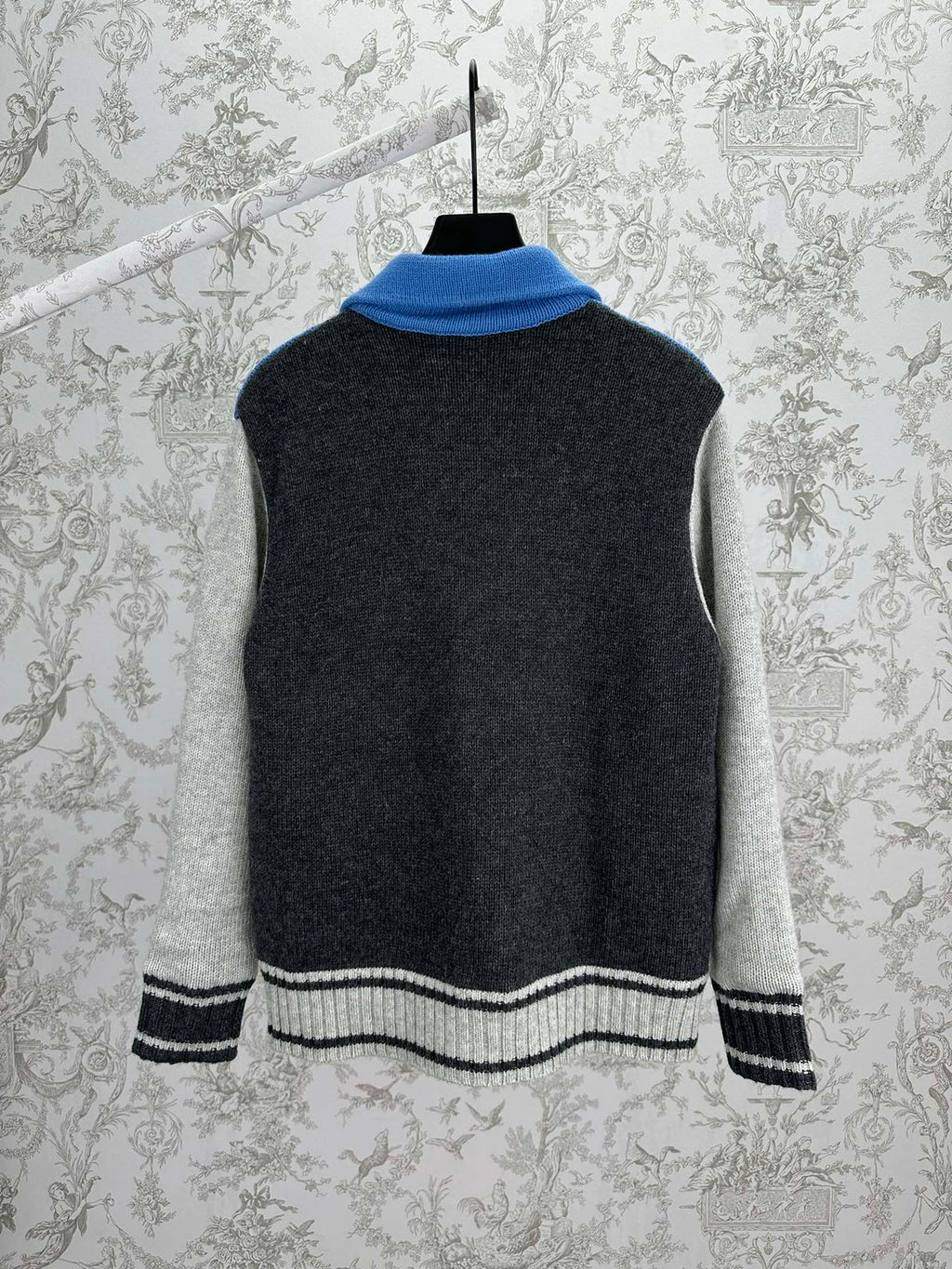 Back view of a zip-front knit vest with blue collar and white-striped cuffs on dark gray