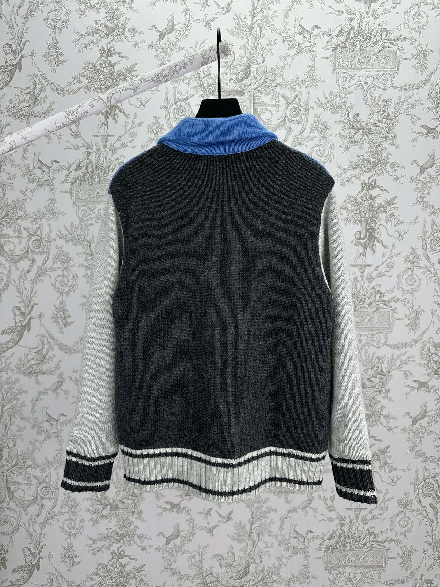 Back view of a zip-front knit vest with blue collar and white-striped cuffs on dark gray