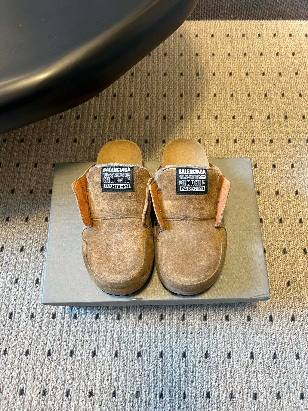 Tan suede Balenciaga slip-on sandals, padded strap, black logo label