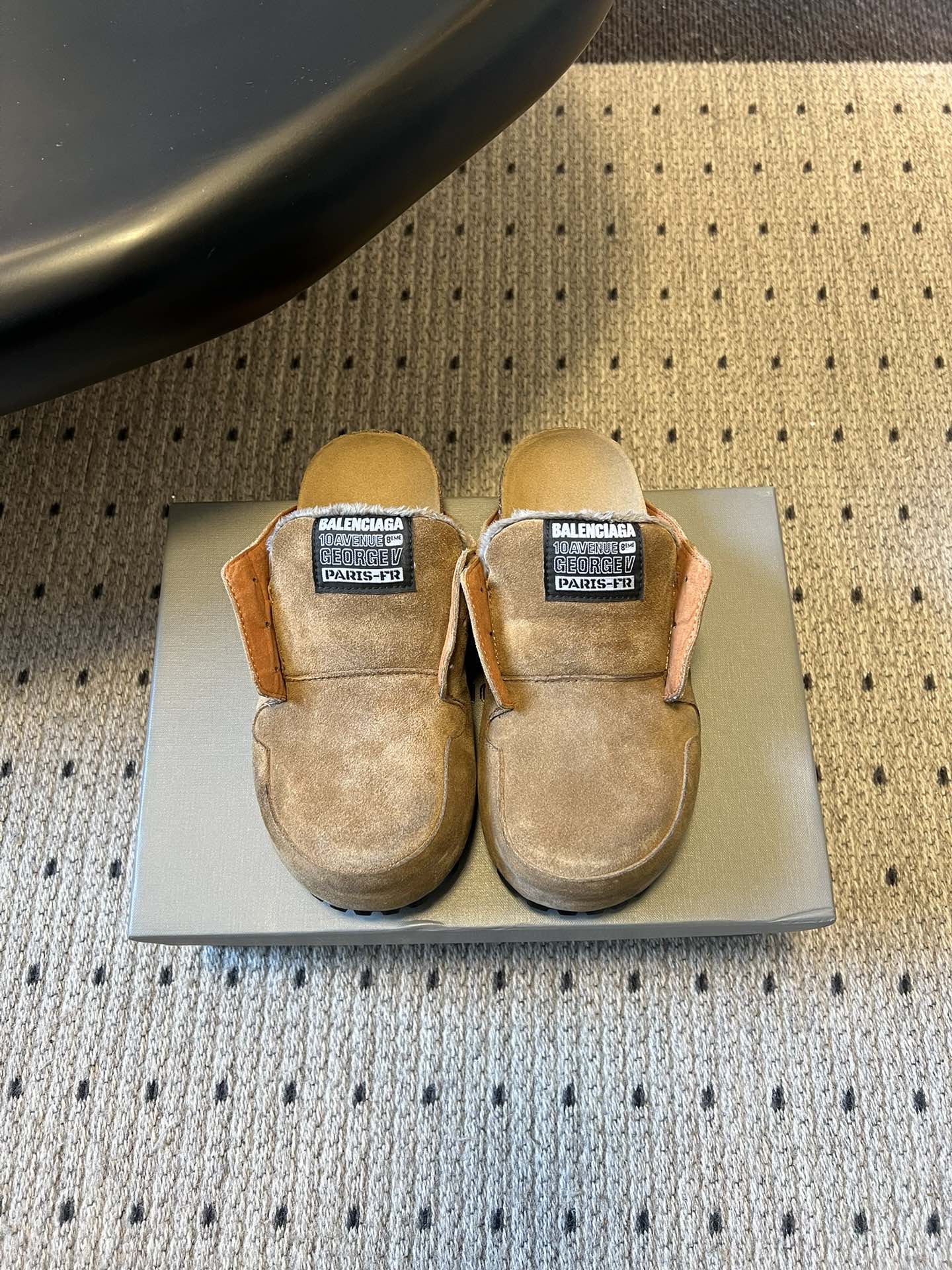 Tan suede Balenciaga slip-on sandals, padded strap, black logo label
