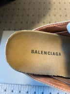 Tan suede Balenciaga footbed with BALENCIAGA text