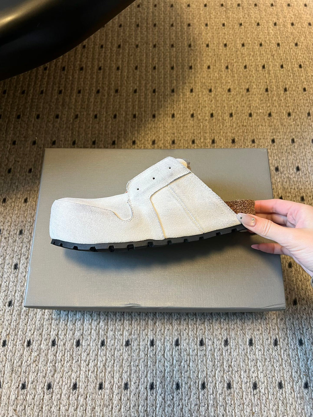 Balenciaga white slide sandals with side opening and black sole detail