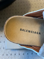 Balenciaga insole close-up with BALENCIAGA text on tan leather