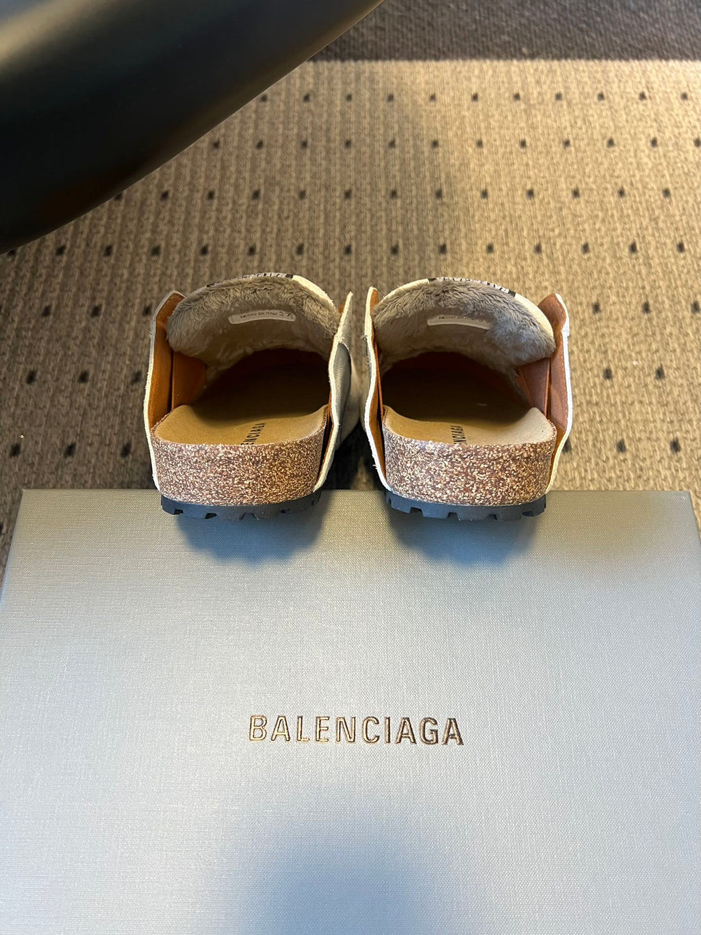 Balenciaga brown slide sandals with open back and tan footbed
