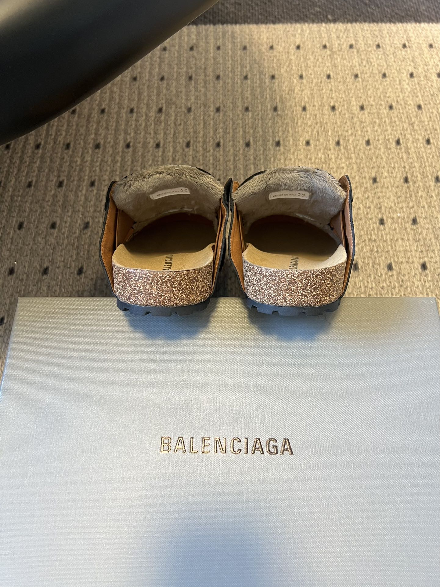 Beige suede slide sandals with Balenciaga printed on footbed