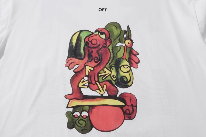 Off-white T-shirt front with colorful cartoon graphic center