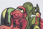 Off-white T-shirt print closeup with green and red cartoon characters