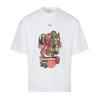 Off-white T-shirt with OFF logo and colorful cartoon graphic on chest
