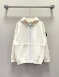 White zip-up hoodie with hood and front pockets, Stone Island patch