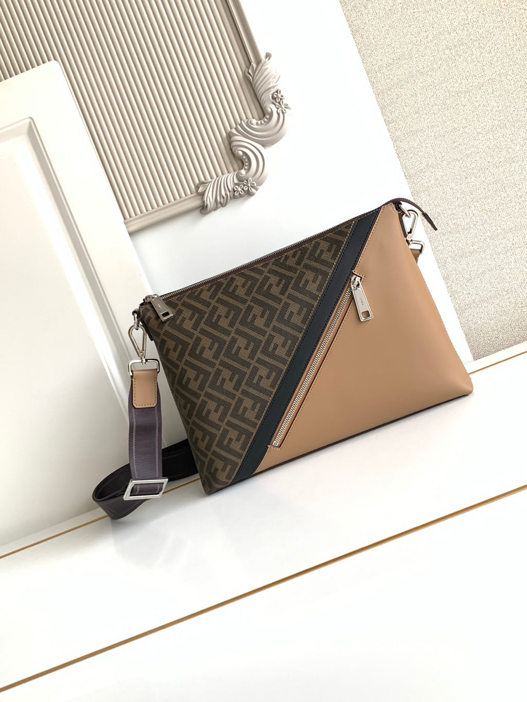 Brown and dark monogram shoulder bag with top flap and crossbody strap