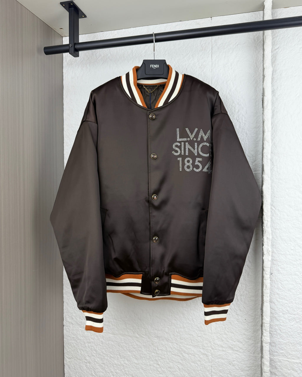 Louis Vuitton bomber jacket, dark satin with ribbed striped collar and button front