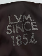 Louis Vuitton bomber jacket, dark satin with rhinestone-style LV, SINCE 1854