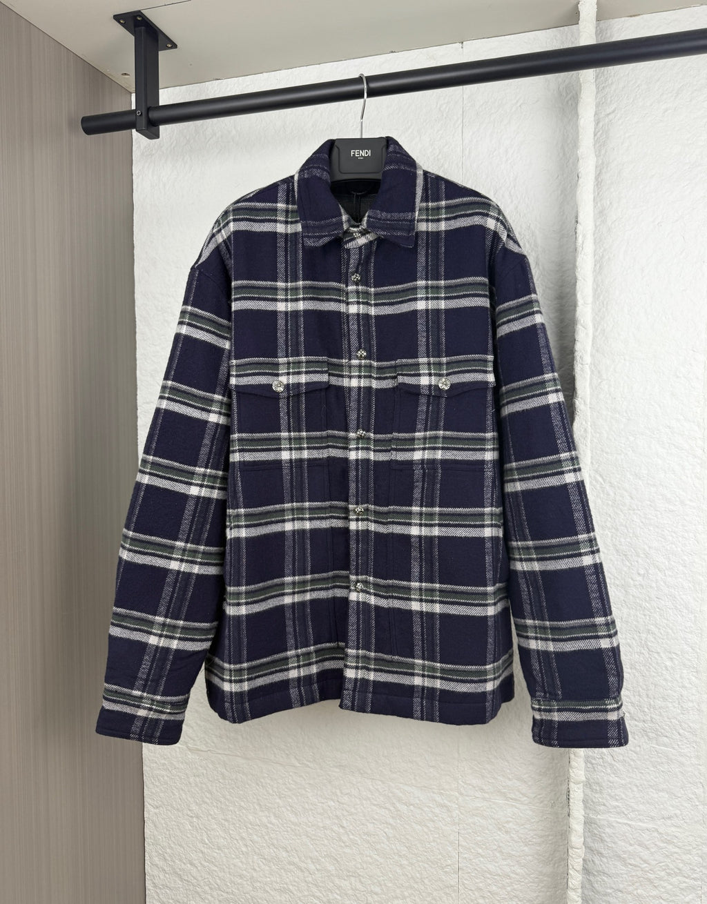 Plaid long-sleeve shirt-jacket with button front and point collar, navy and white checks