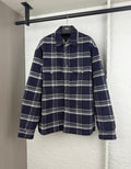 Plaid long-sleeve shirt-jacket with button front and point collar, navy and white checks