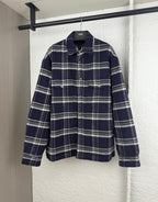 Plaid long-sleeve shirt-jacket with button front and point collar, navy and white checks