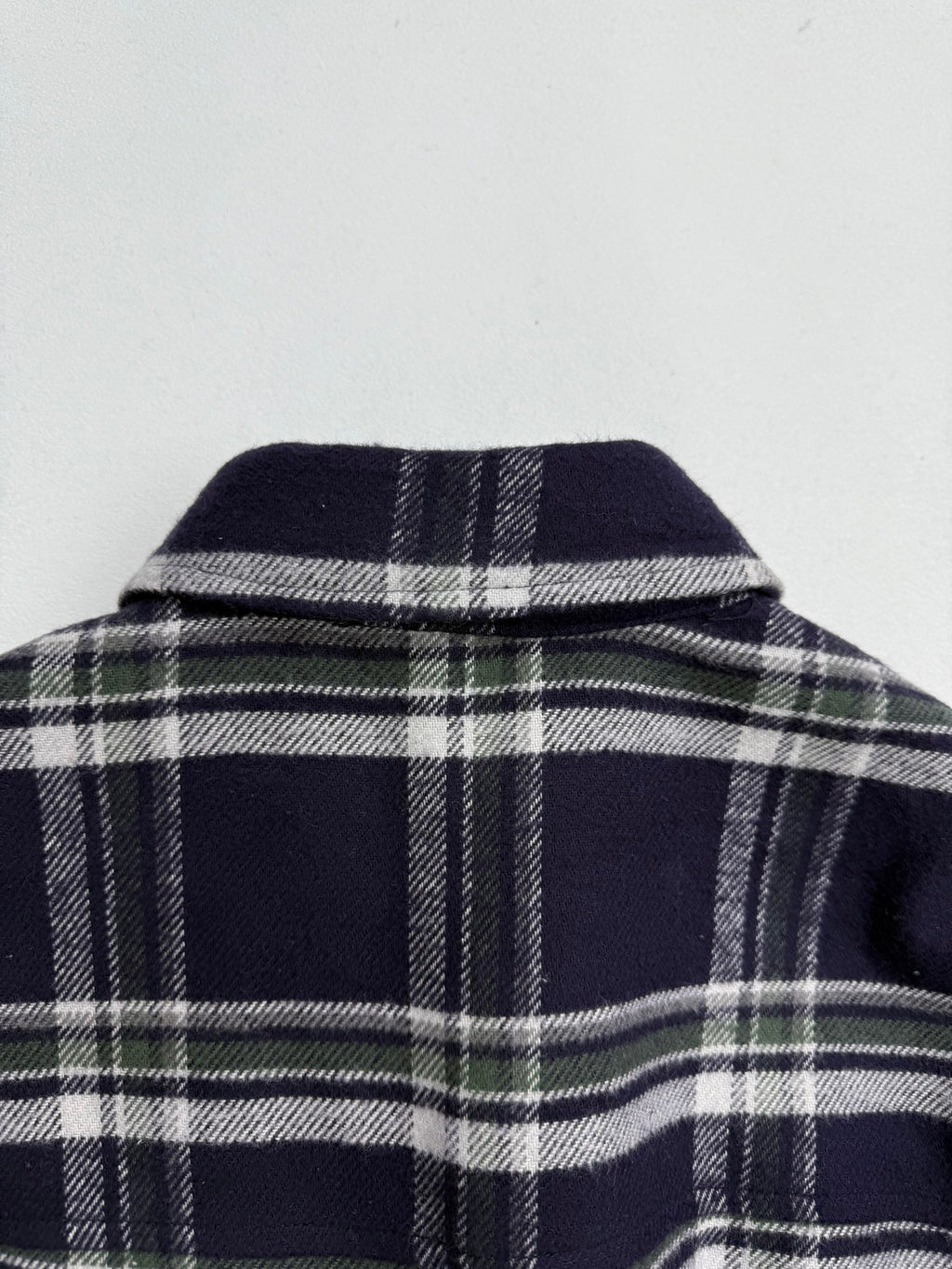 Plaid shirt-jacket shoulder yoke with collar, navy and white grid pattern