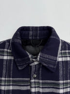 Plaid shirt-jacket collar detail with snap buttons and navy lining, navy and white checks