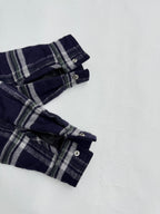 Plaid shirt-jacket sleeve cuff with two buttons, navy and white checked pattern