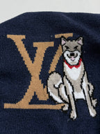 Navy knit sweater with large dog and LV motif intarsia on chest