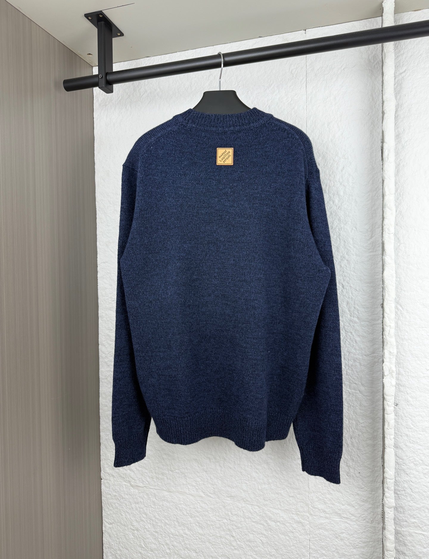 Navy knit sweater back view, crew neck, long sleeves