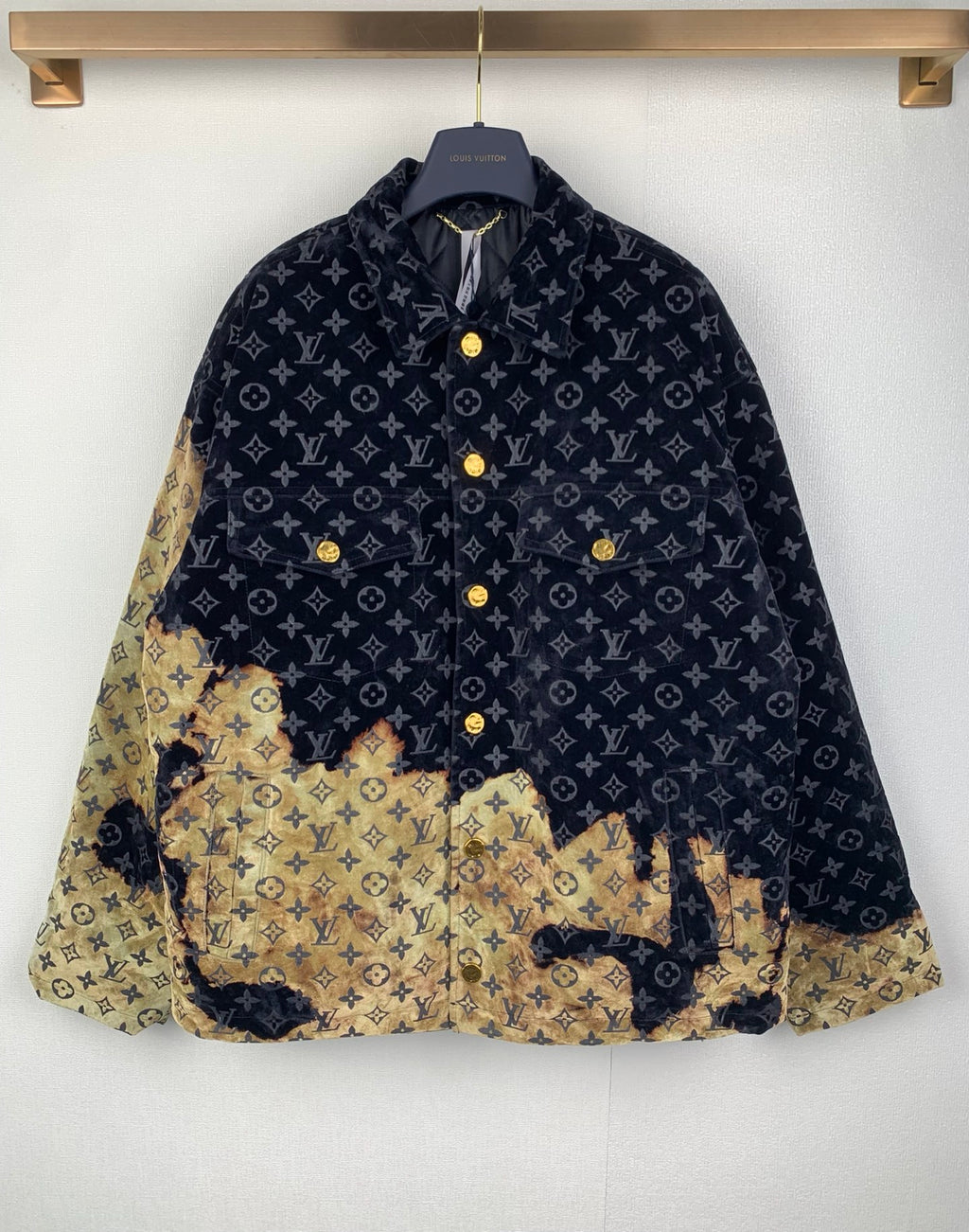 Louis Vuitton long jacket with dark navy monogram print and gold patch panels