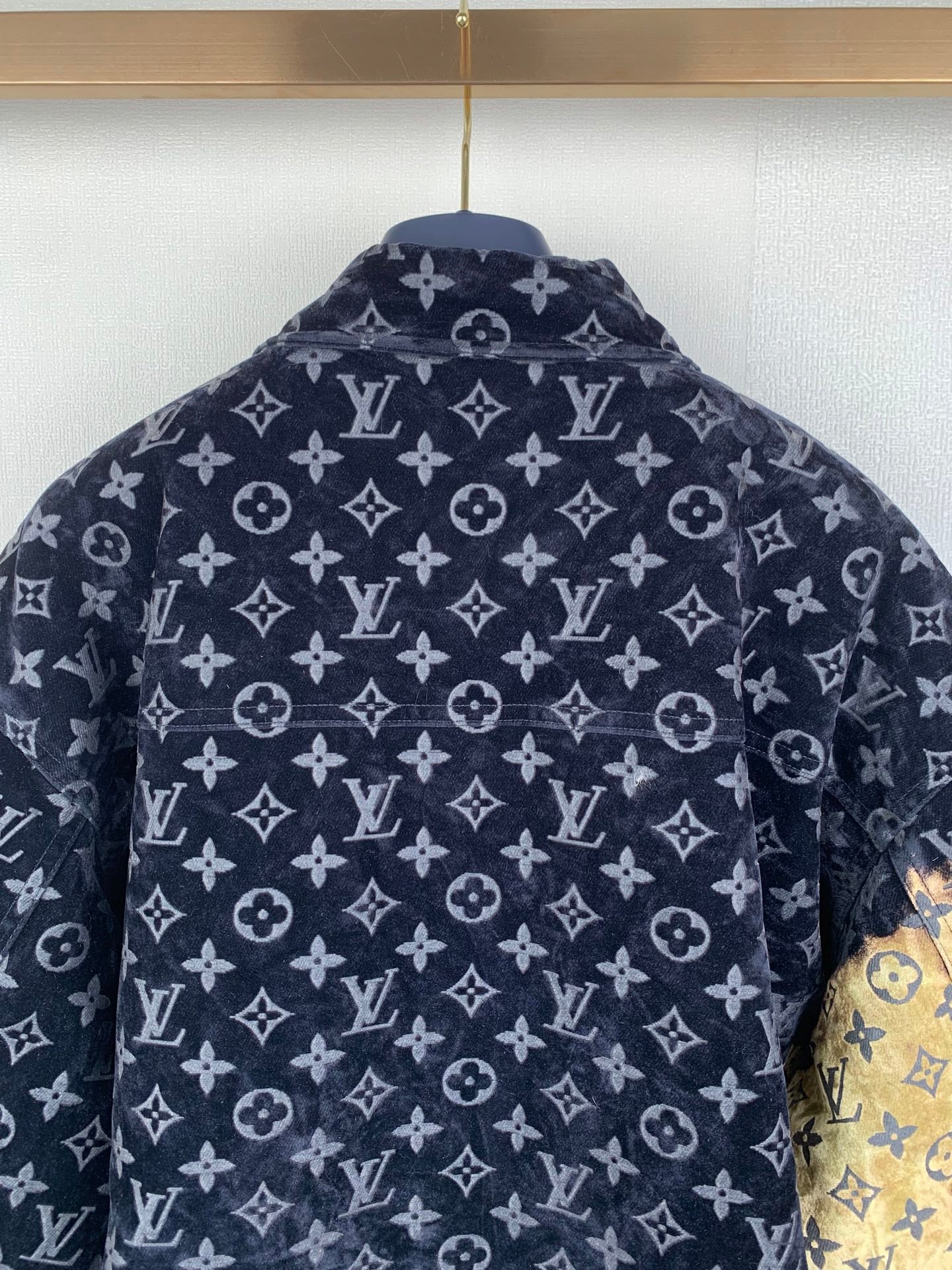 Louis Vuitton long jacket back panel, dark navy monogram pattern all over