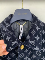 Louis Vuitton long jacket collar detail, dark navy monogram, gold trim at neckline