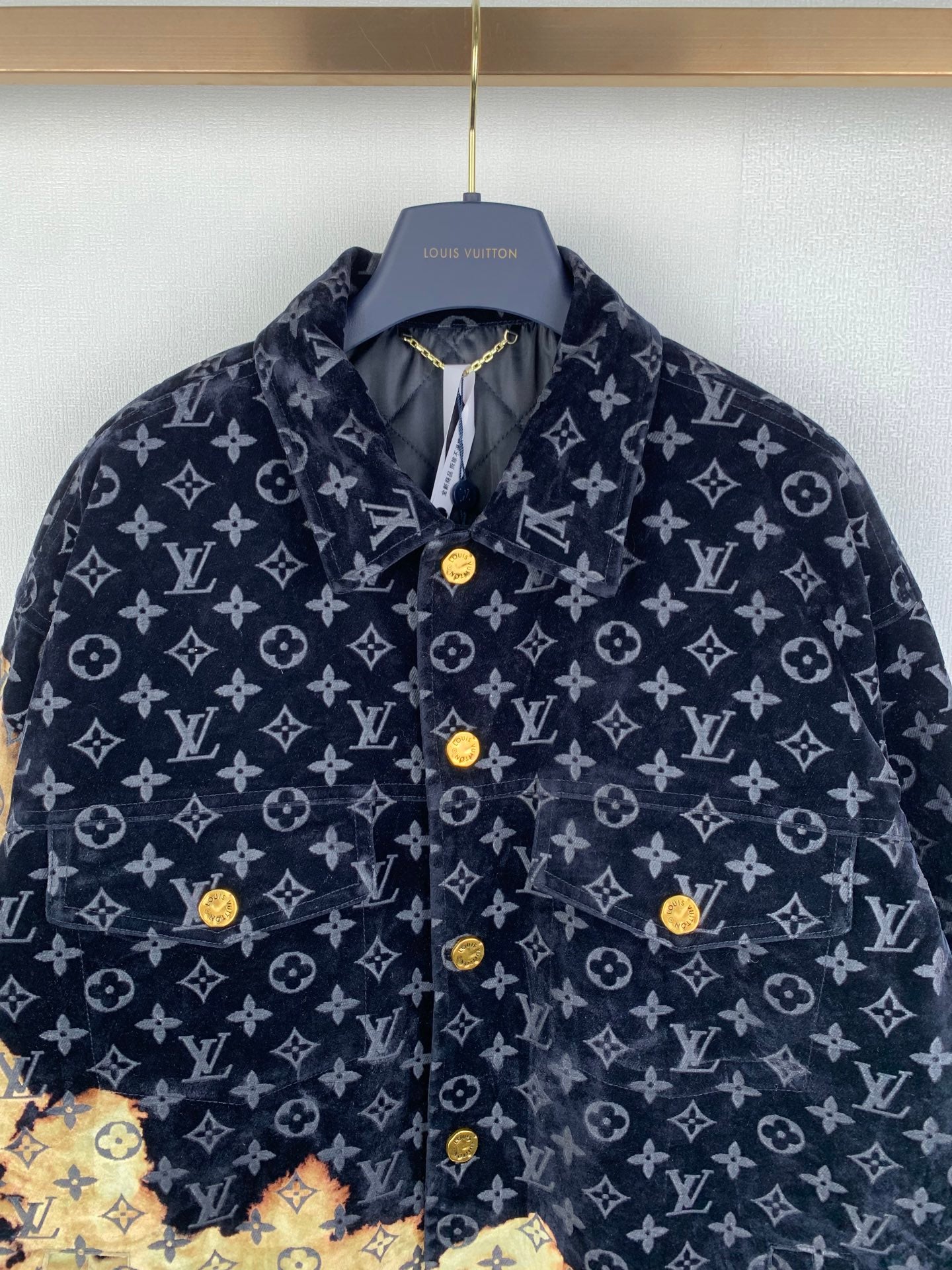 Louis Vuitton long jacket, dark navy monogram print, gold snap buttons and layered front