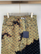 Louis Vuitton monogram long pants, front view with drawstring and hanging tag