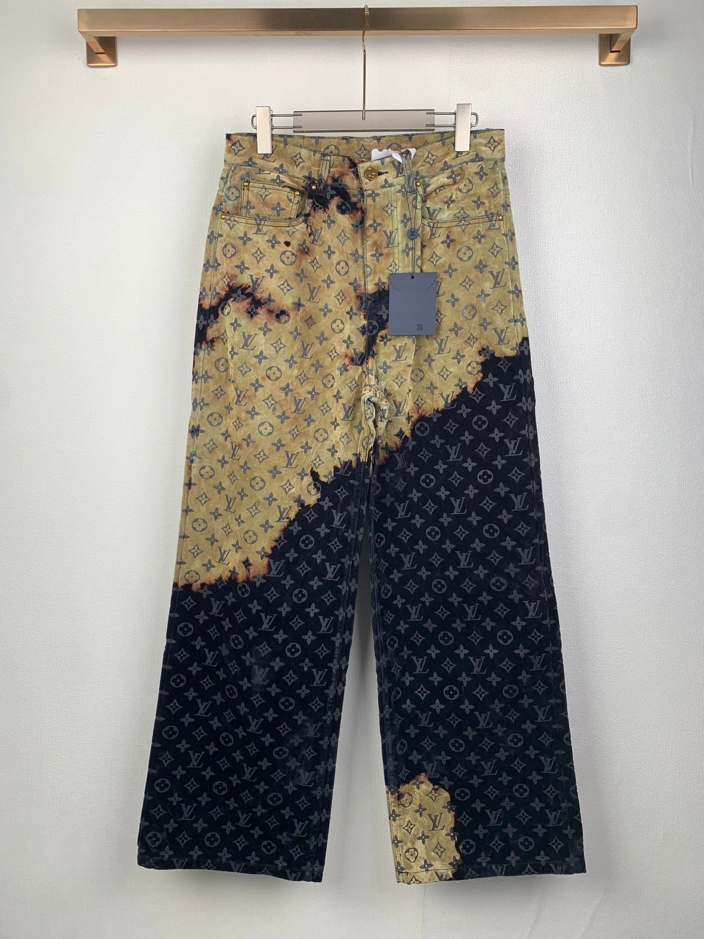 Louis Vuitton monogram long pants, tan and dark blue patchwork-style print