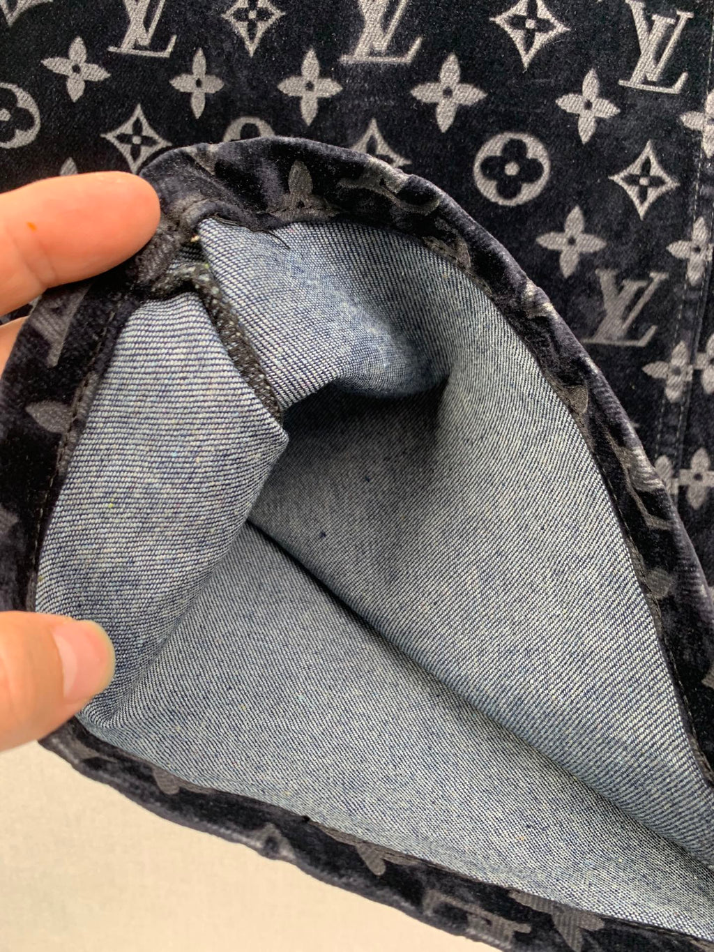Louis Vuitton monogram long pants inside view with gray lining and waistband