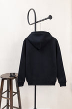 Dark navy zip-up hoodie back view with hood and ribbed cuffs