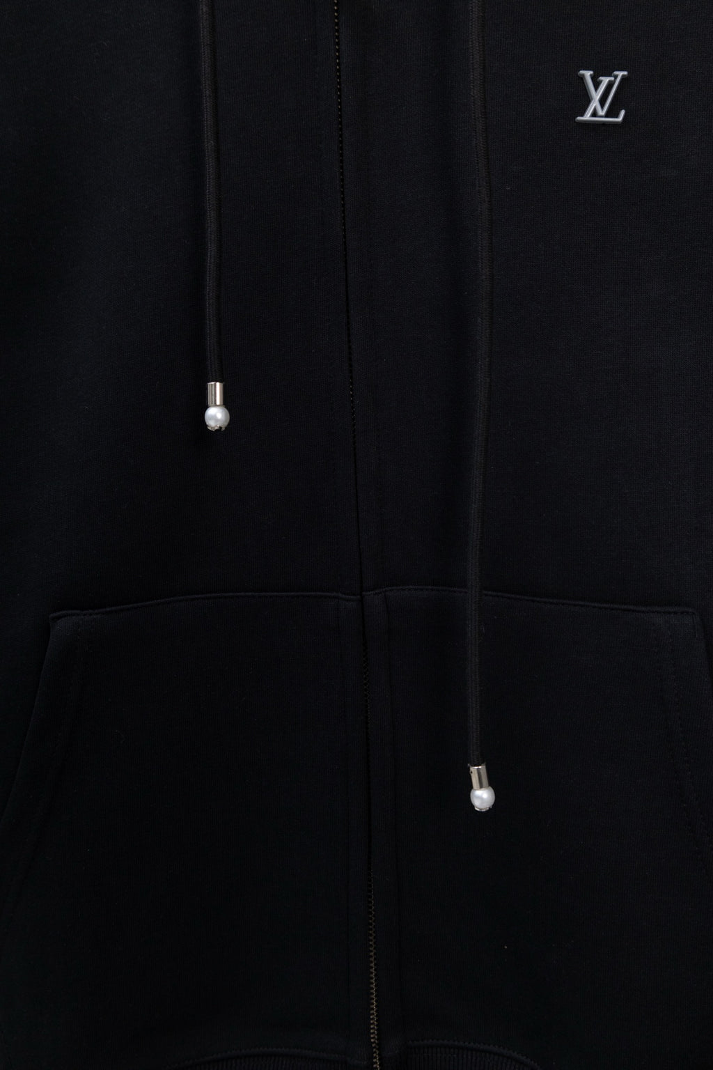 Burberry long zip jacket with hood and drawcords, dark fabric, front pockets