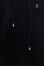 Burberry long zip jacket with hood and drawcords, dark fabric, front pockets
