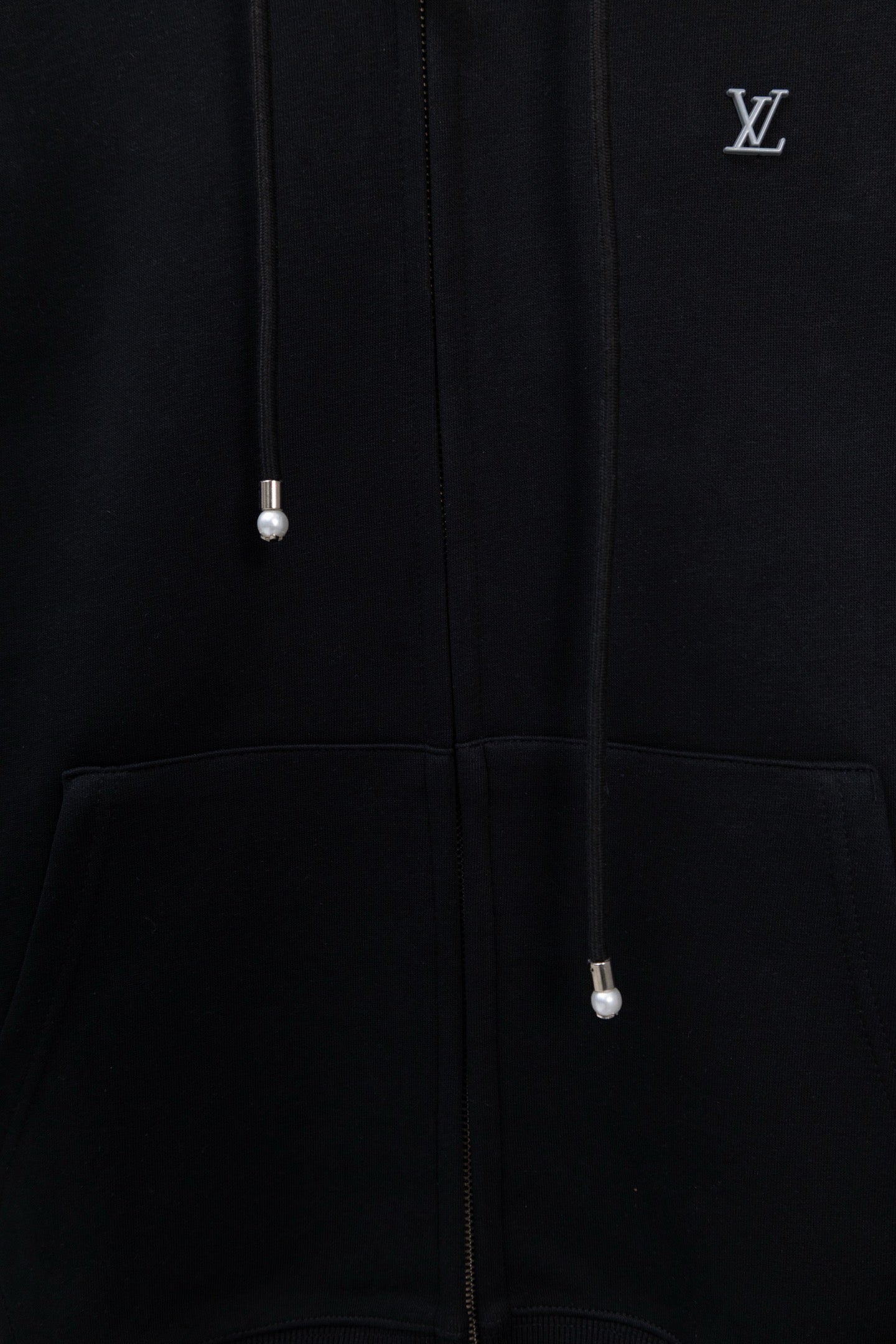 Burberry long zip jacket with hood and drawcords, dark fabric, front pockets