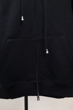 Dark navy hoodie front with kangaroo pocket and zipper down center