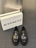 Black leather loafers with square logo buckle, metal detail on vamp