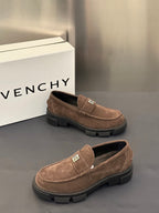 Brown suede loafers with logo plaque strap detail and chunky dark sole